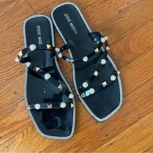 Steve Madden rhinestone black sandals gold EUC gold accents 8 EUR 39
